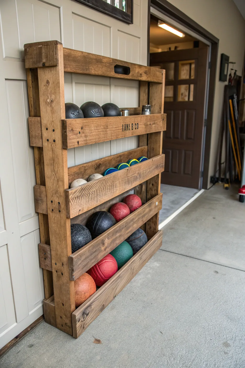 Transform your garage with a rustic pallet ball rack—where style meets organization.