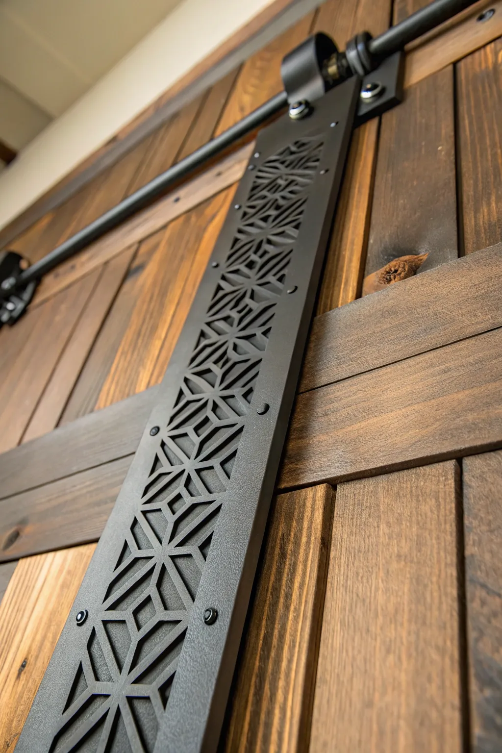 Elevate your space with the bold elegance of geometric pattern tracks. A modern twist on classic barn door hardware.