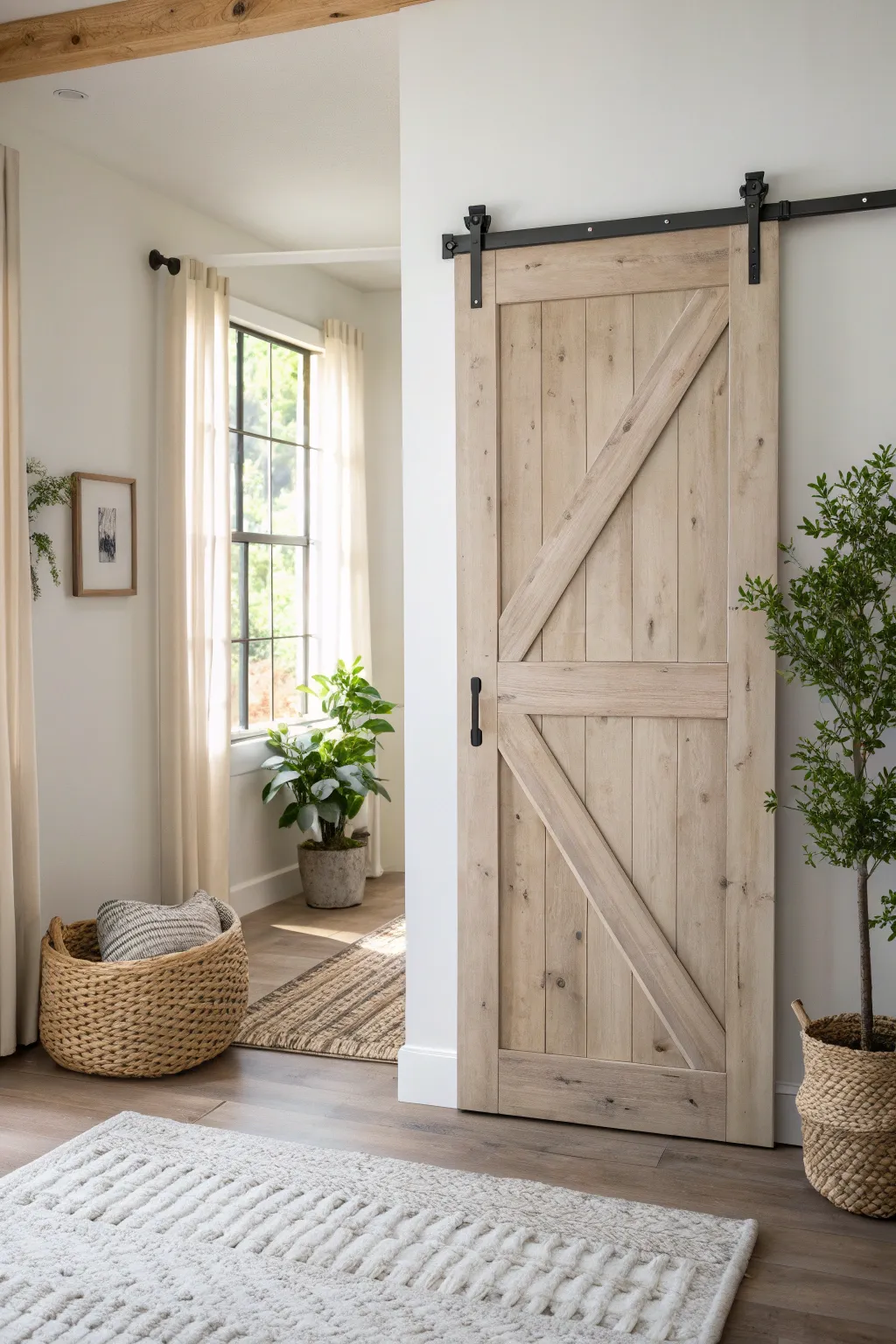 Embrace the serene beauty of nature with a Driftwood-stained barn door, perfect for a coastal-inspired haven.