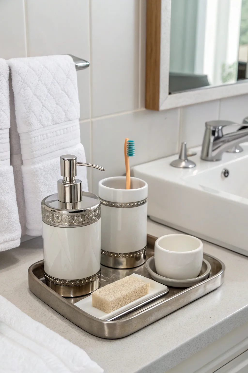 Chic and compact accessories set for small bathrooms.