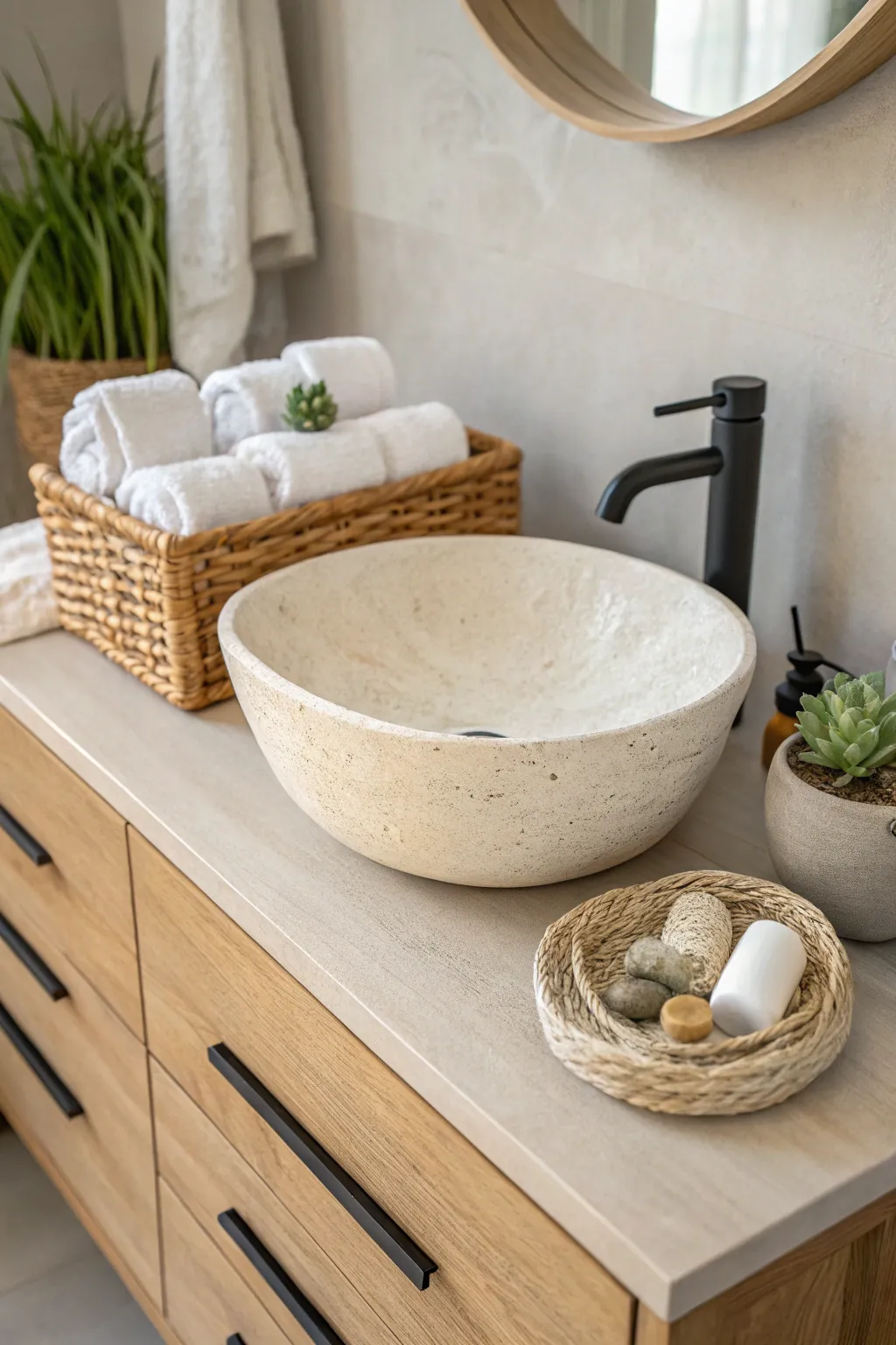 Transform your bathroom with a sculptural vessel sink for a touch of minimalist elegance.