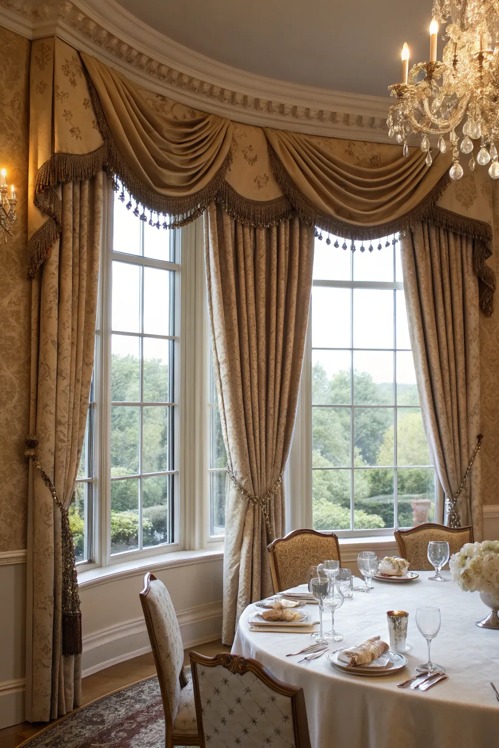 Luxurious shawl valances in a formal dining room.