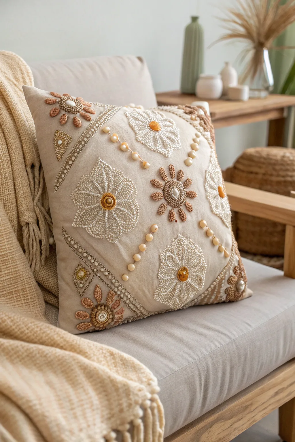 Elevate your living space with the tactile charm of bead-embellished pillows. 🌿✨ #ScandiBoho #HandcraftedBeauty