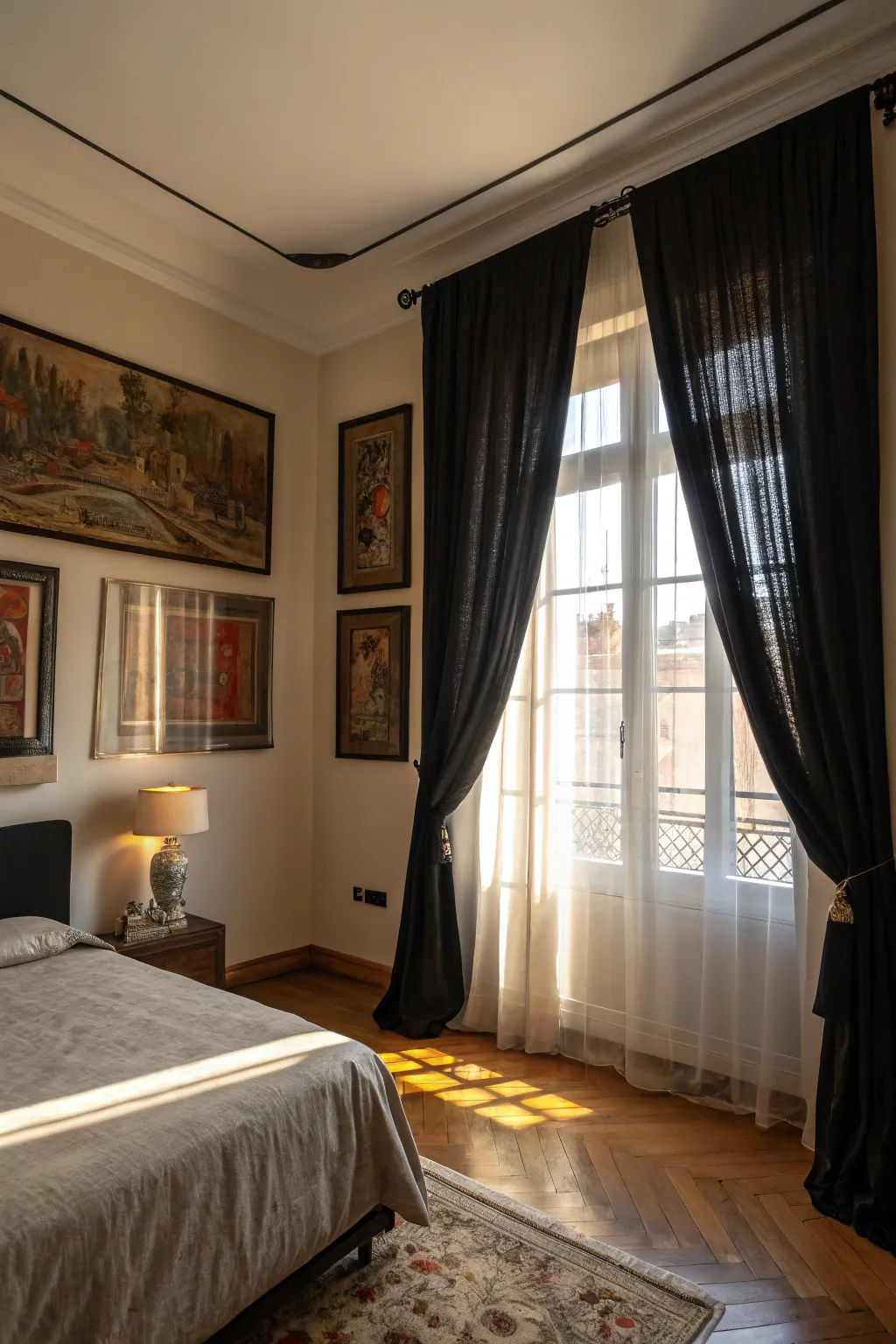 Art pieces adding character to a bedroom with black curtains.
