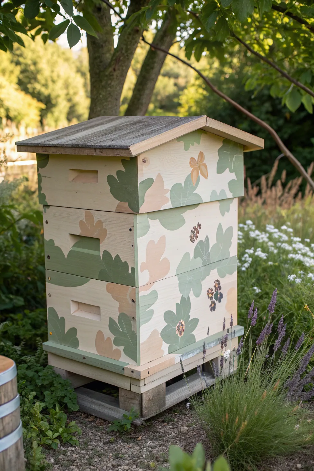 Blend into nature with a beautifully painted camouflage beehive, where simplicity meets artistry.