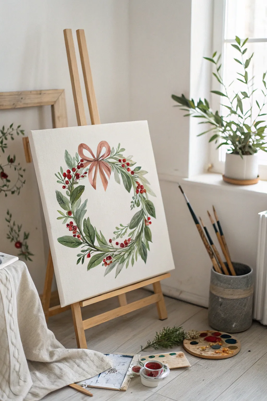 Capture the essence of the season with this simple yet elegant festive wreath painting.