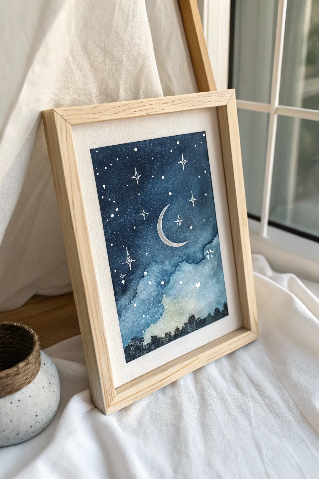 Embrace the serene beauty of a starry night with this minimalist watercolor masterpiece.