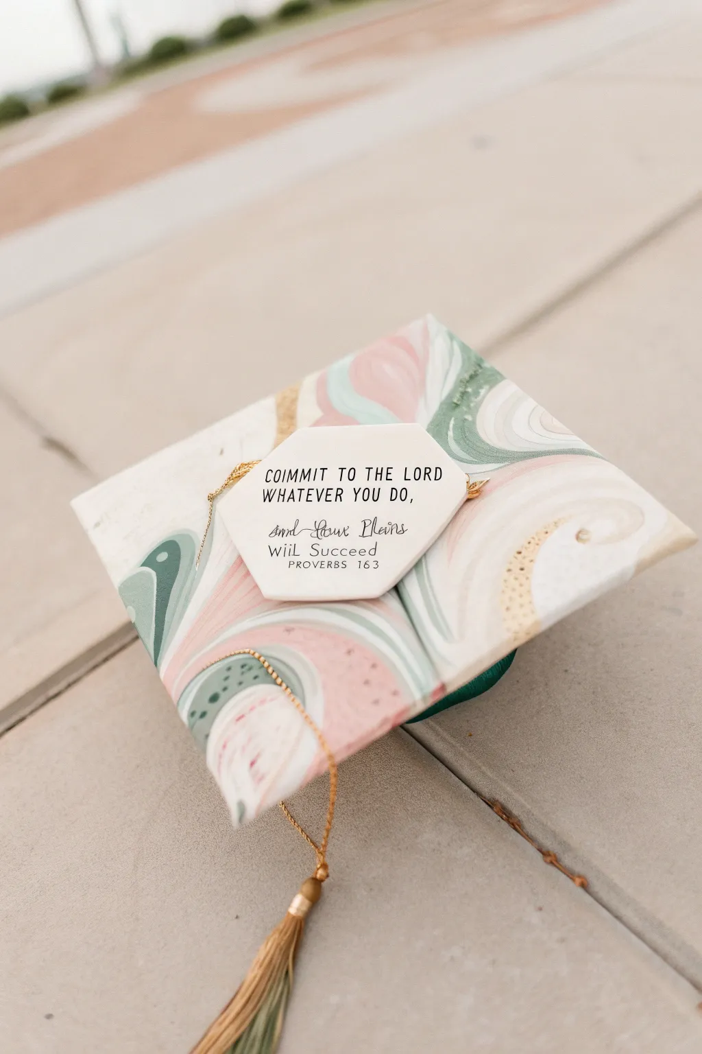 Turn your graduation cap into a masterpiece with abstract art and inspiring words from Proverbs 16:3.