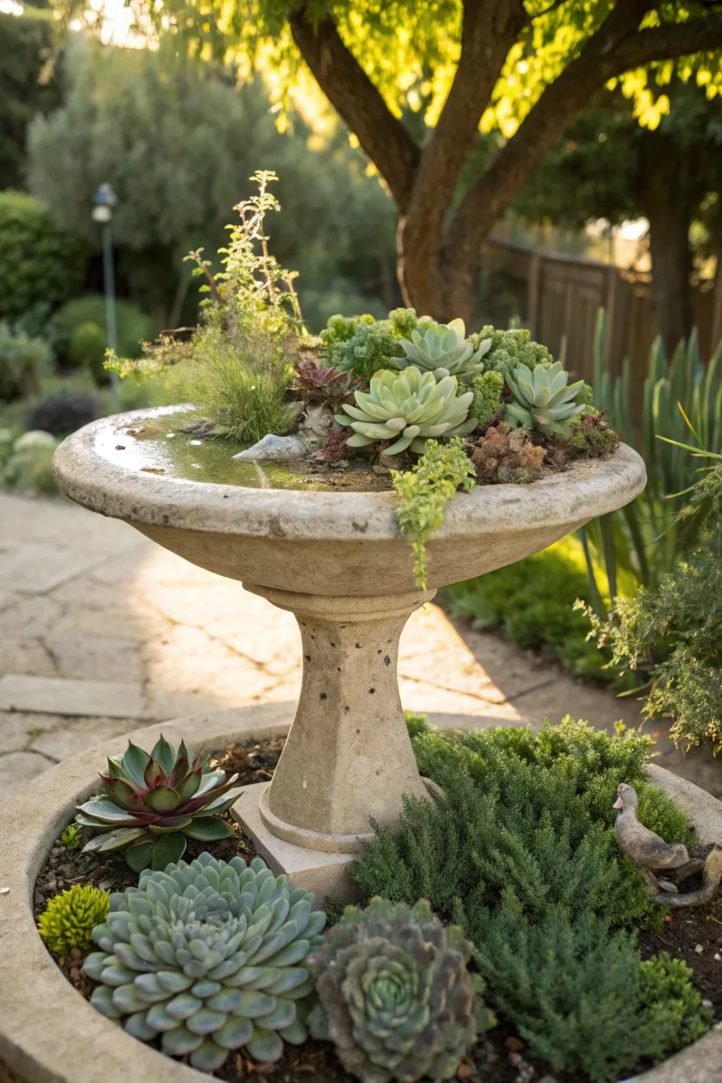 Transform your garden into a serene oasis with a minimalist bird bath adorned with stunning succulents. 🌿✨ #FairyGarden #SucculentLove #MinimalistBeauty
