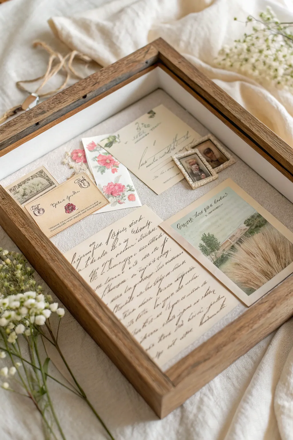 Capture the charm of yesteryear with a vintage postcard and stamp shadow box, where history meets minimalist elegance.