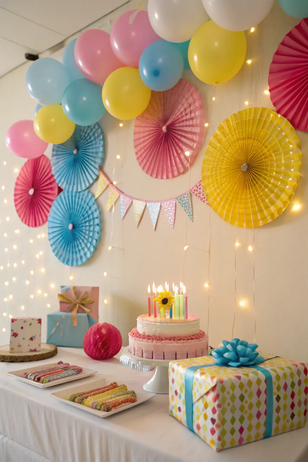 Whimsical paper decorations adding color and fun.