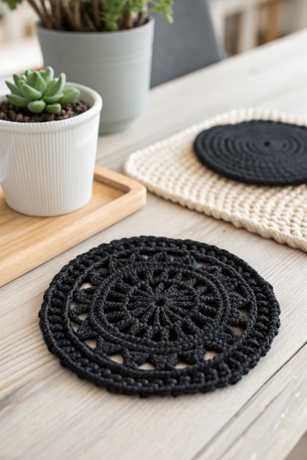 Elevate your space with the elegance of black crochet coasters, where simplicity meets style.