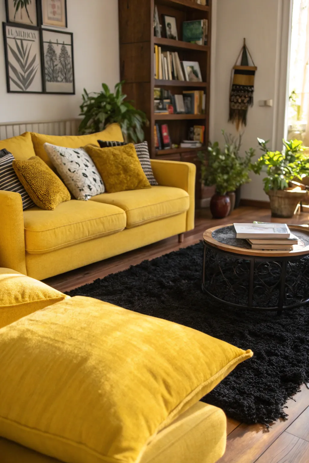 Bright color accents against a black rug create a lively and stylish environment.