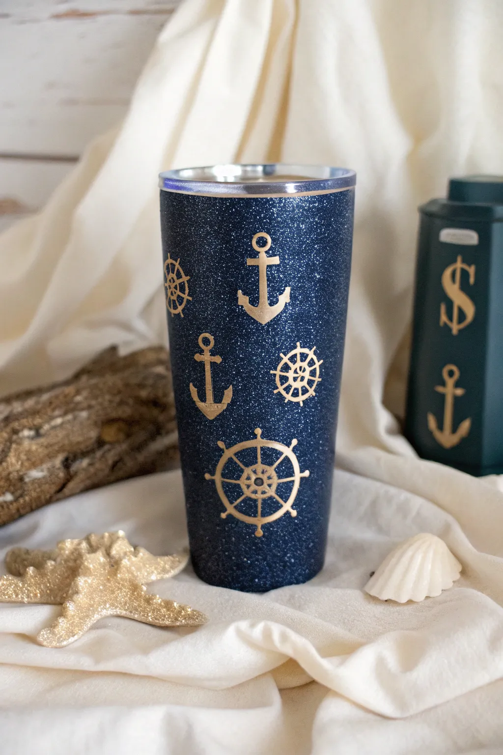 Sail away with style: a nautical-themed glitter tumbler that captures the essence of the sea.