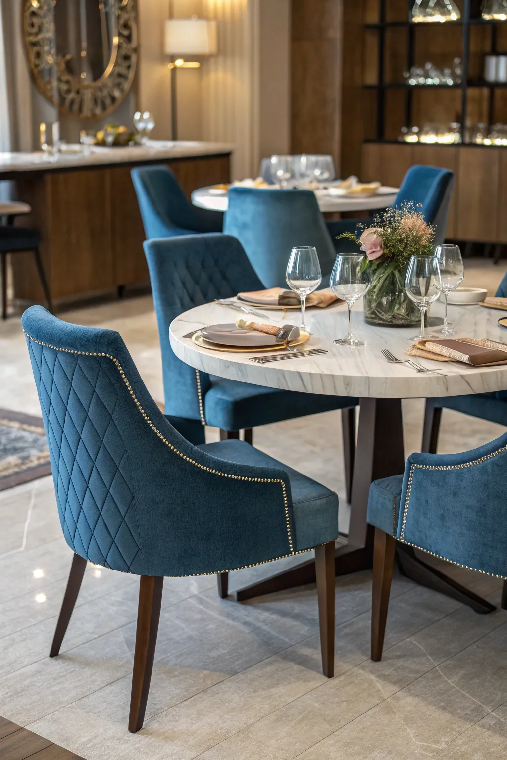 Sophisticated dining area with blue accents.
