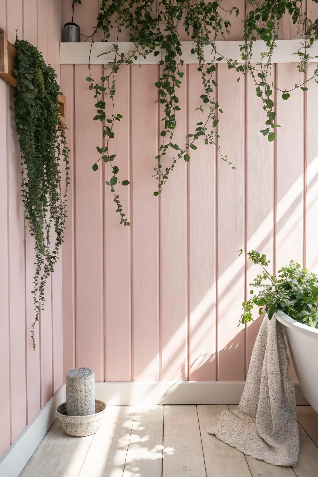 Embrace the soothing elegance of pastel pink with a touch of greenery for a bathroom that whispers calm sophistication.