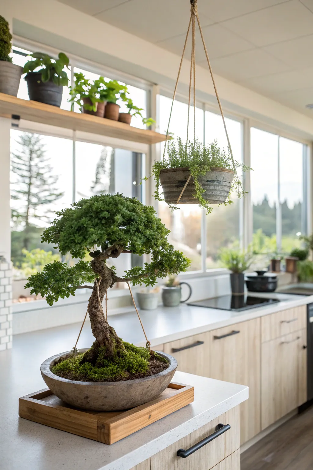 Bonsai with hanging planters for a vertical garden look