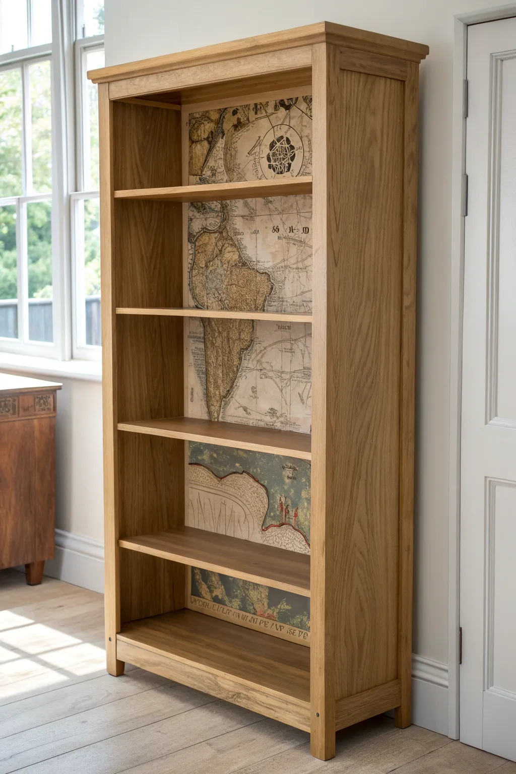 Explore the world from the comfort of your home with this stunning map-backed bookcase. Perfect for travel lovers and minimalists alike.
