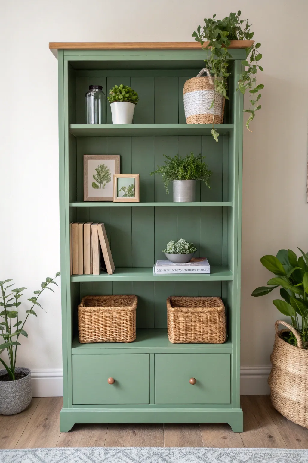 Transform your space with serene greens: a minimalist bookshelf inspired by nature.