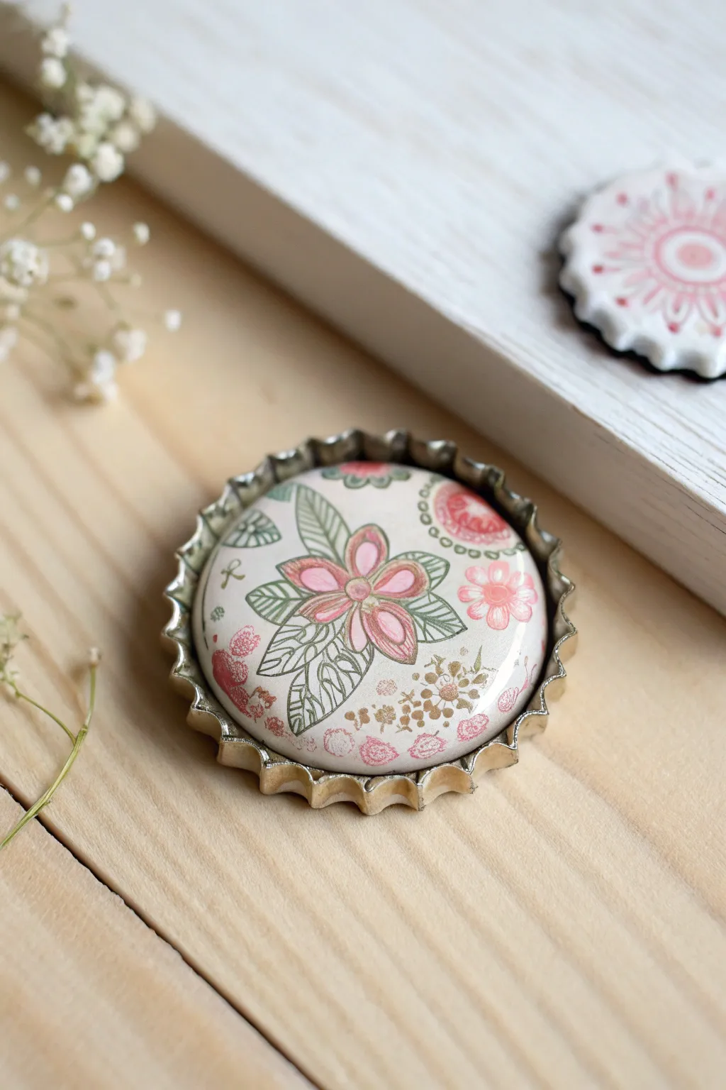 Embrace effortless style with this charming magnetic bottle cap brooch, a perfect blend of creativity and elegance.