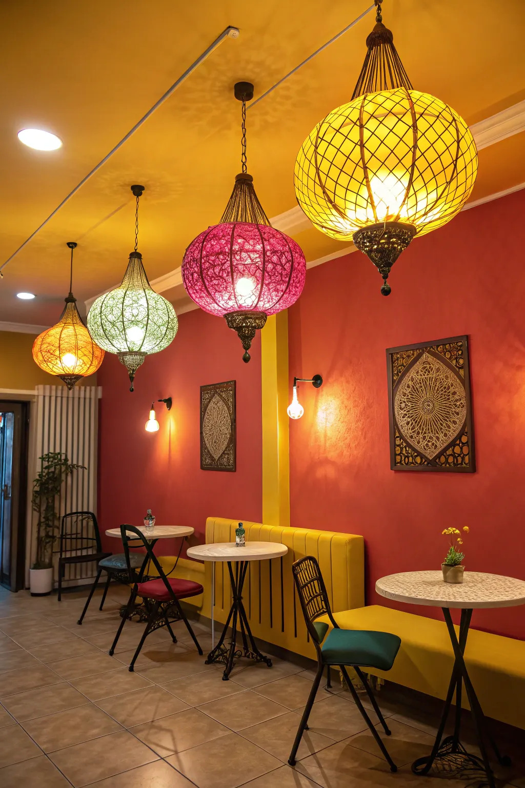 Unique lighting fixtures that illuminate and enhance the room's vibrant colors.
