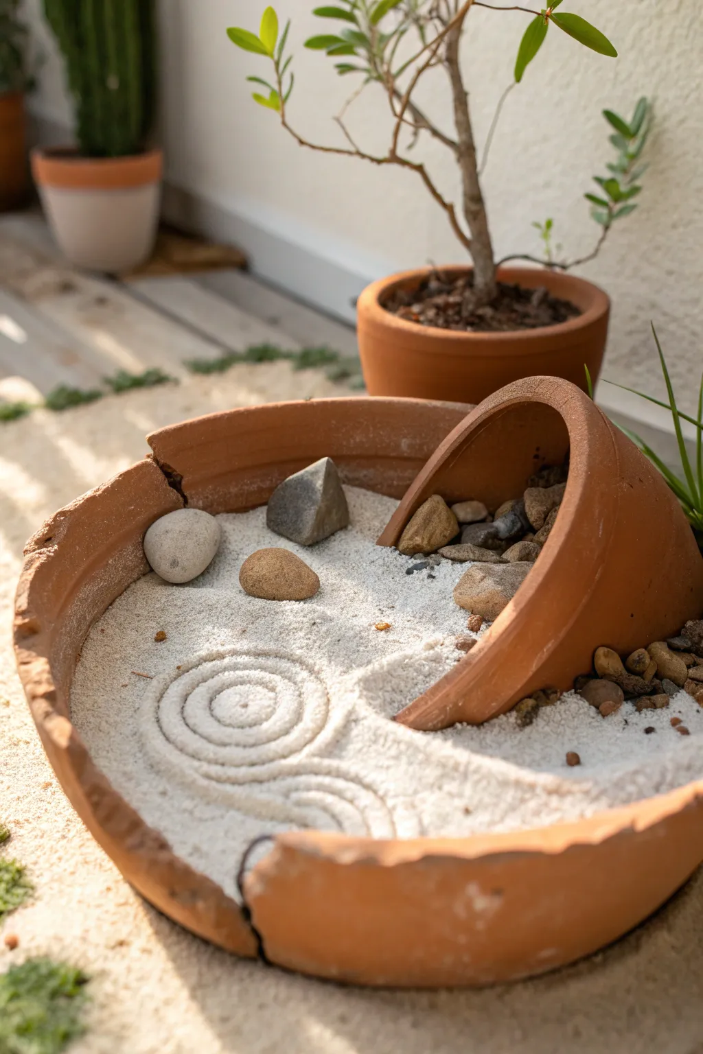 Transform tranquility with a repurposed pot Zen garden.