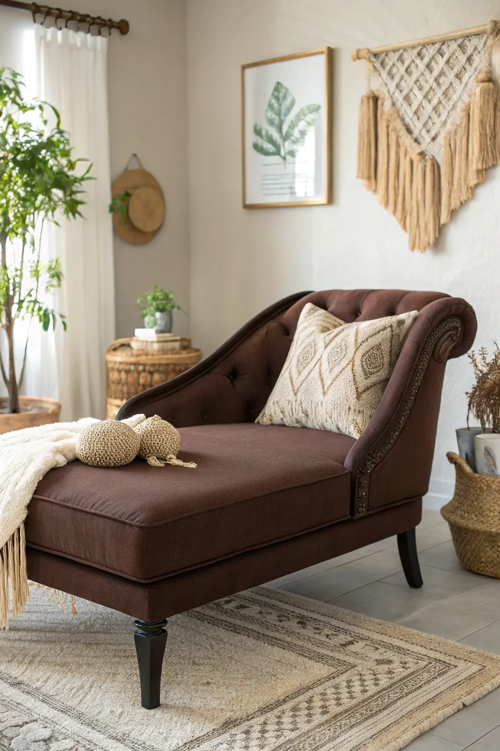 Transform your reading nook into a cozy haven with a deep espresso-painted chaise lounge, where minimalist elegance meets bohemian charm.