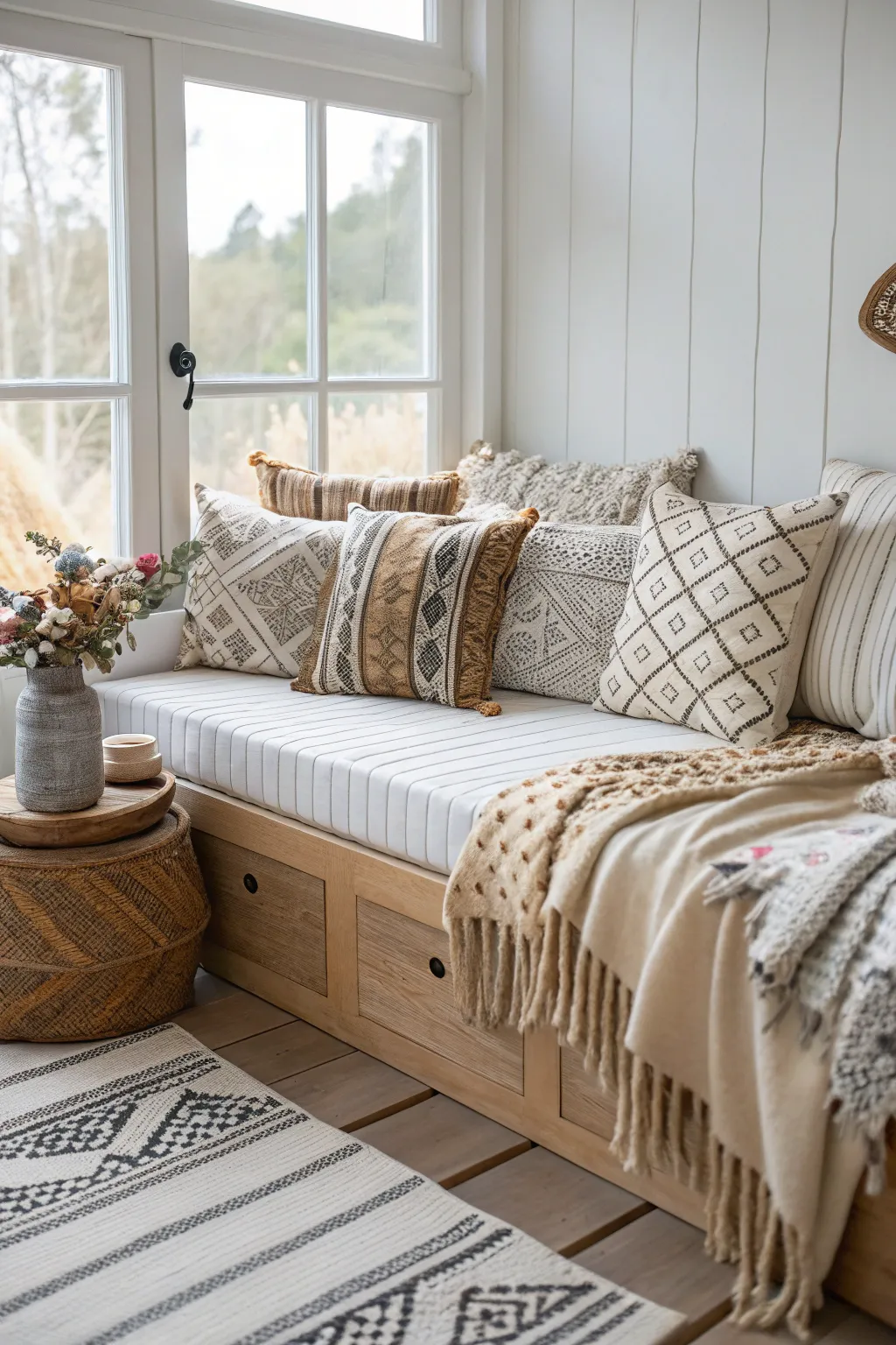 Discover the joy of playful patterns with this charming built-in daybed, where Scandinavian simplicity meets Boho elegance.