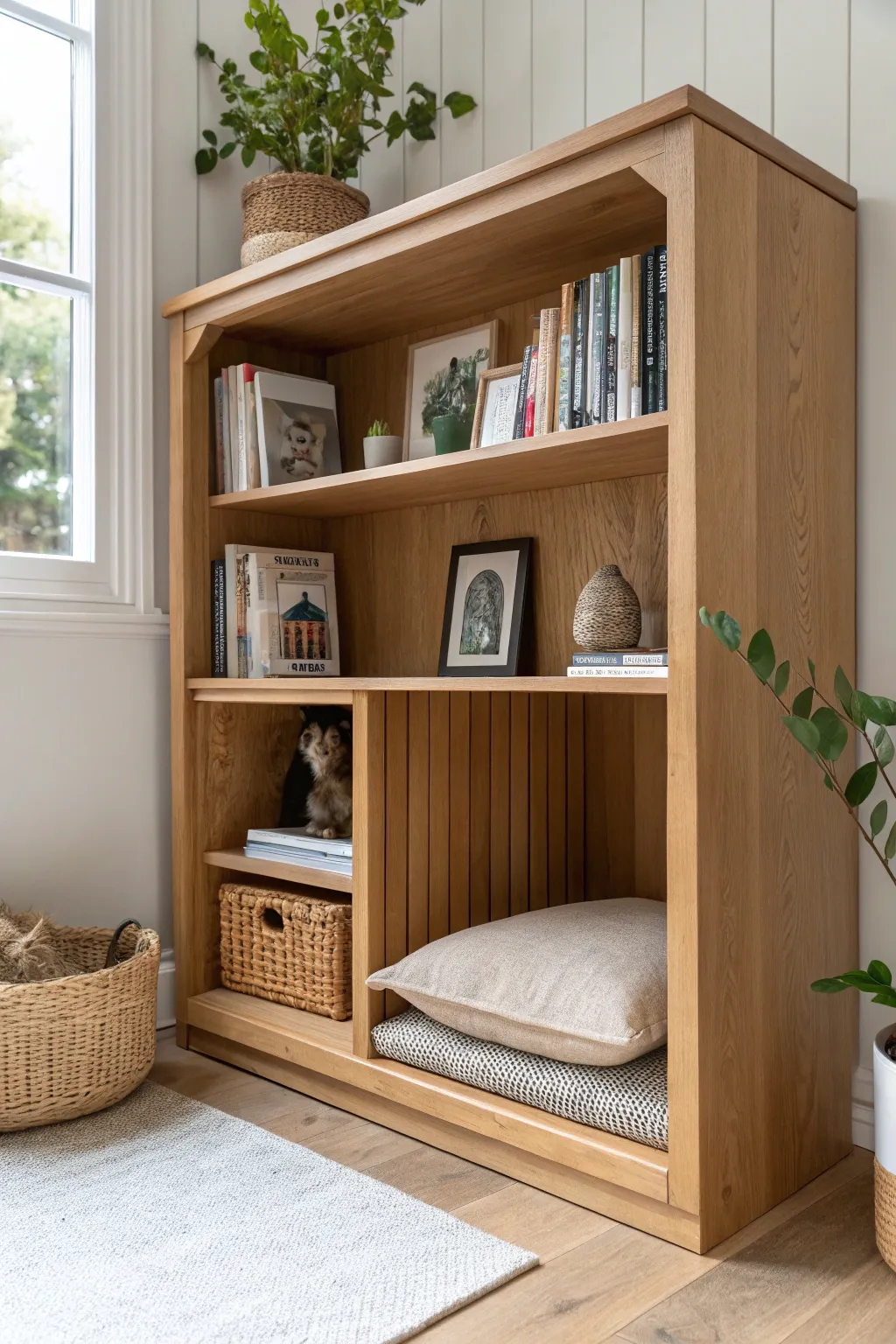 A book lover's dream: where your pup enjoys cozy reads alongside you. 🐾📚 #ScandiBoho #PetNook