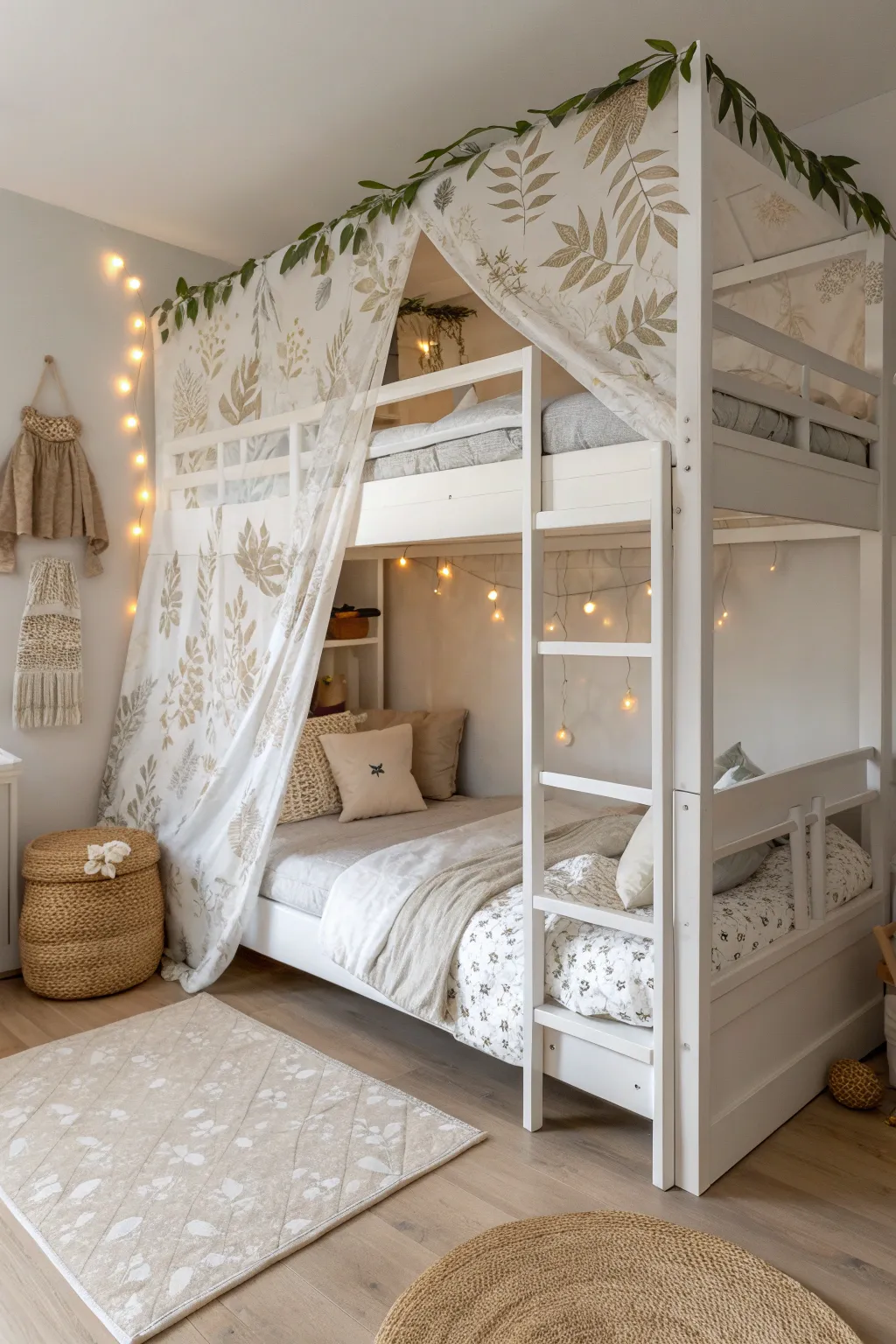 Transform your bunk bed into a serene forest retreat with a nature-inspired leafy canopy.