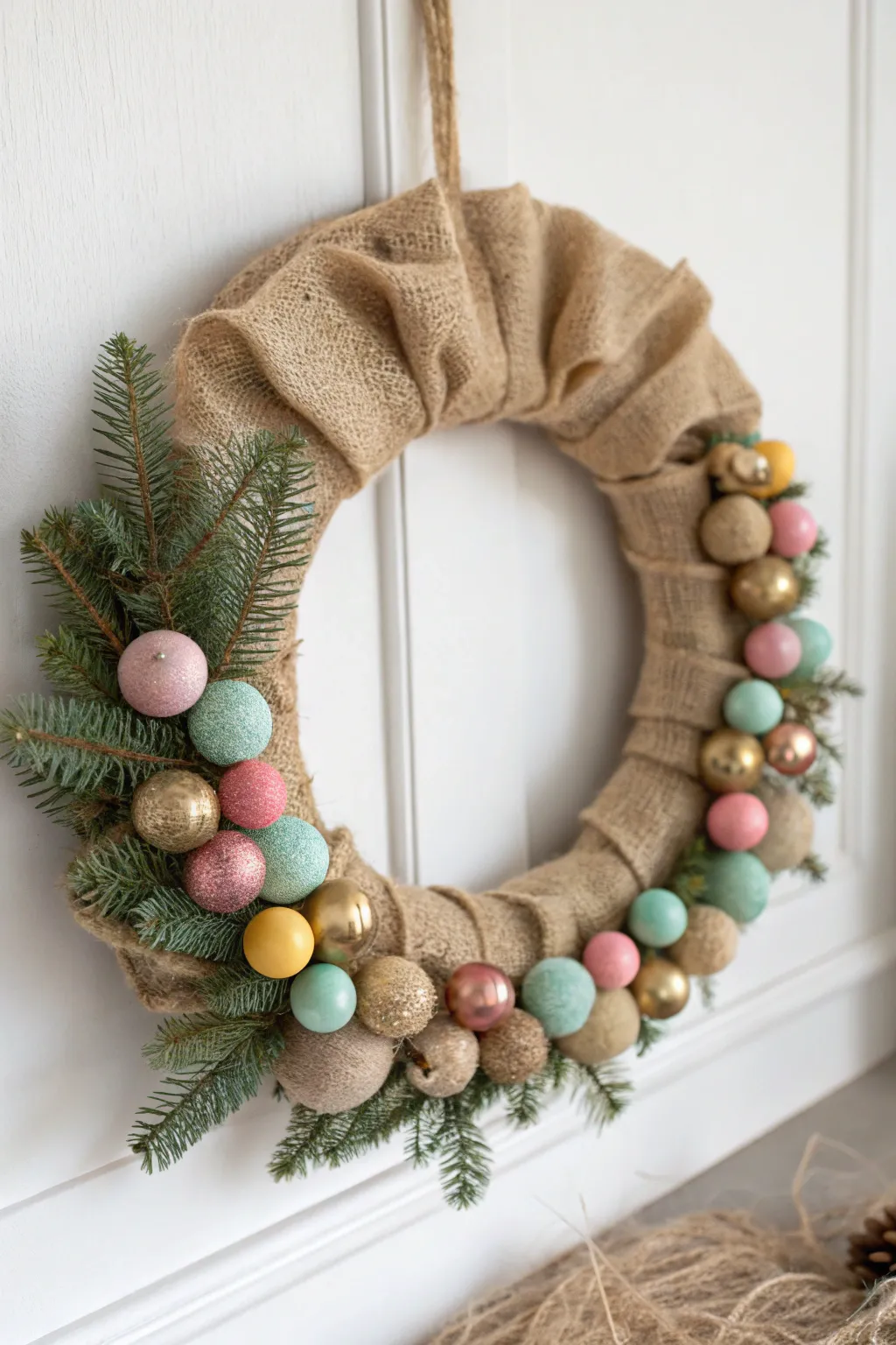 Add a touch of playful elegance to your holiday decor with this beautifully crafted burlap and bauble wreath.