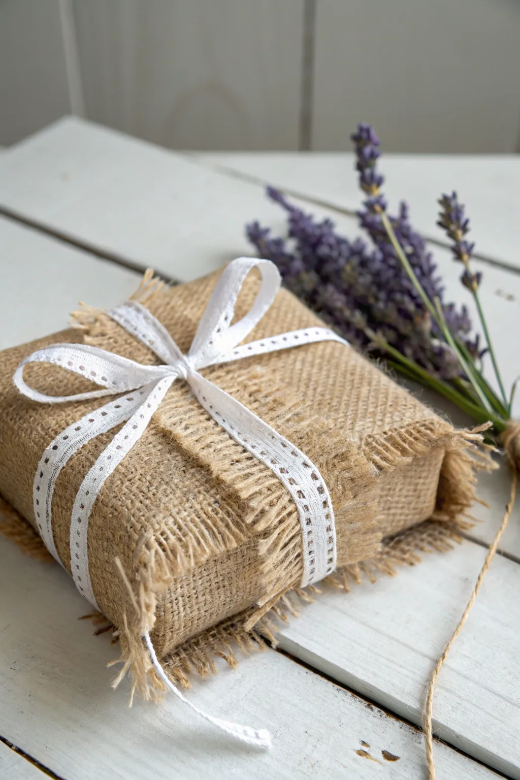 Embrace the beauty of simplicity with frayed burlap gift wrapping.