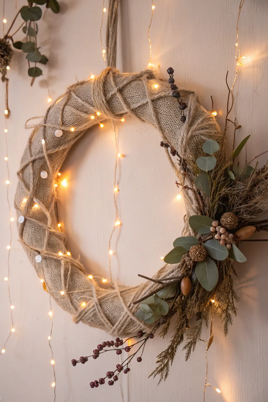 Illuminate your space with a touch of whimsy: a burlap wreath adorned with enchanting fairy lights.