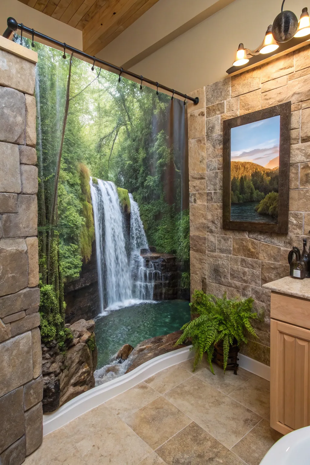 A waterfall-imagery shower curtain for a tranquil atmosphere.