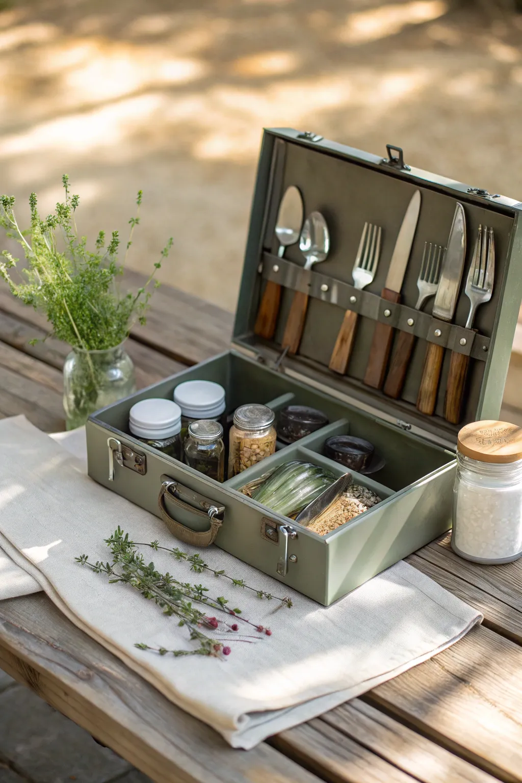 Transform an old toolbox into a chic camp kitchen essential - where sustainability meets style.