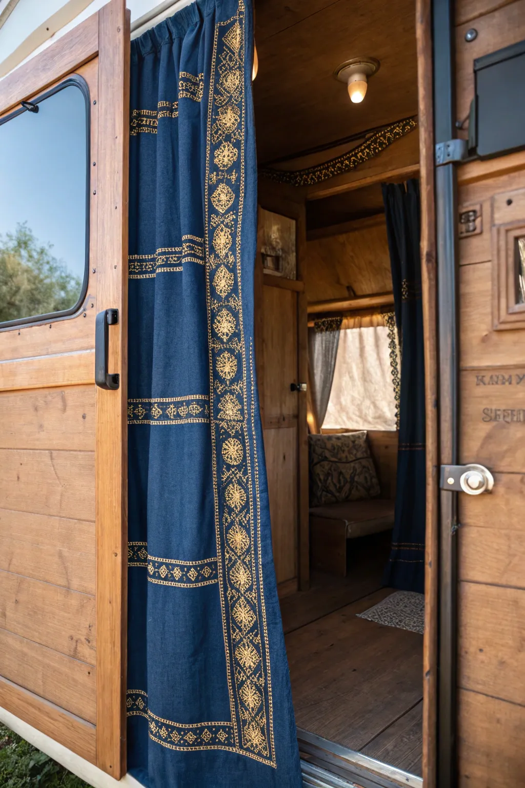 Transform your camper's ambiance with a striking curtain swap—embrace the flow and craftsmanship!