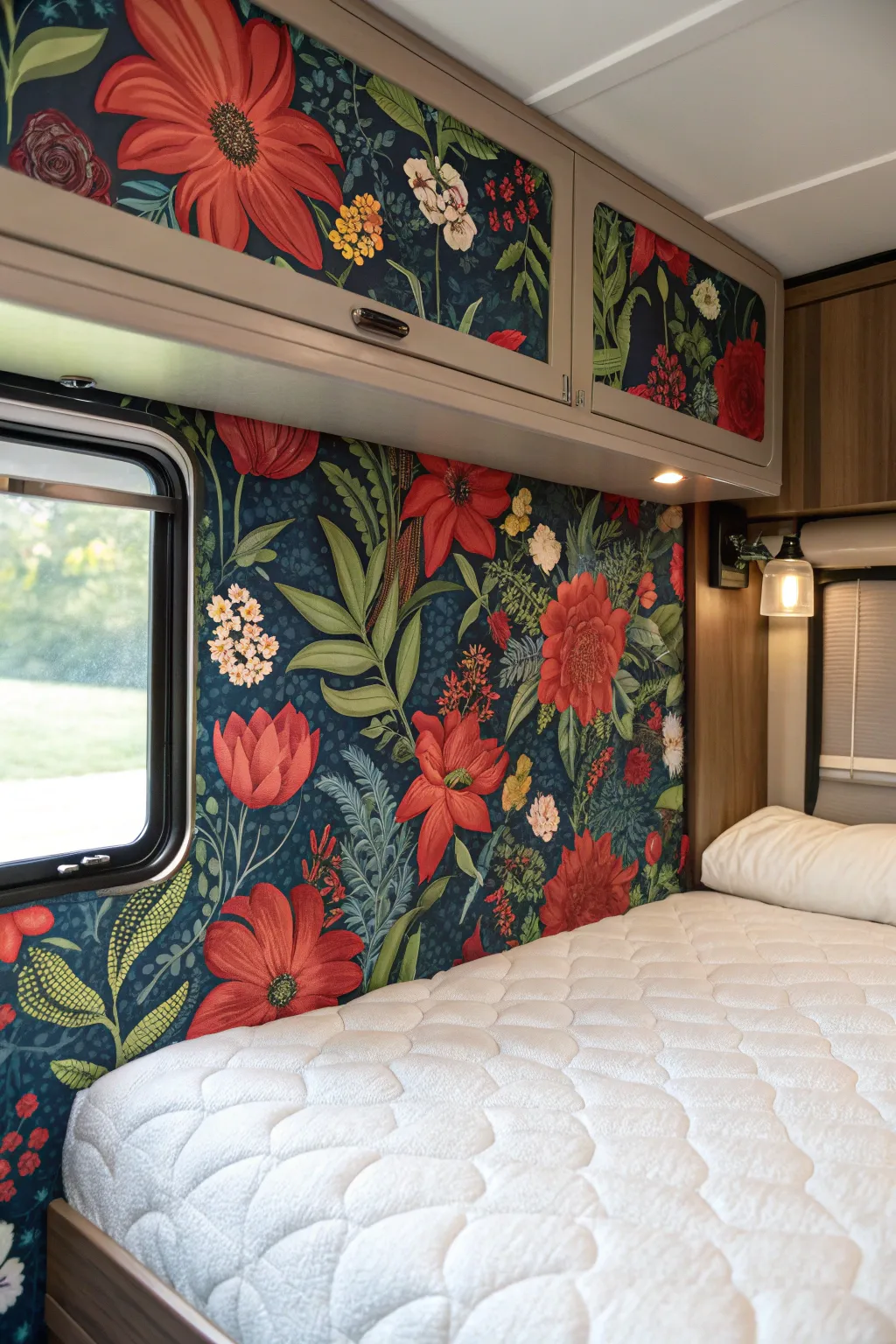 Transform your RV interior with bold peel-and-stick wallpapers for a splash of color and style.