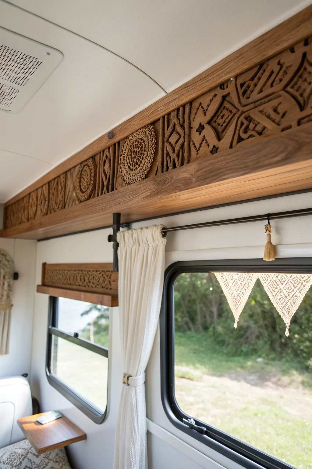 Transform your camper with a rustic reclaimed wood cornice, adding a touch of handcrafted elegance to your minimalist space.