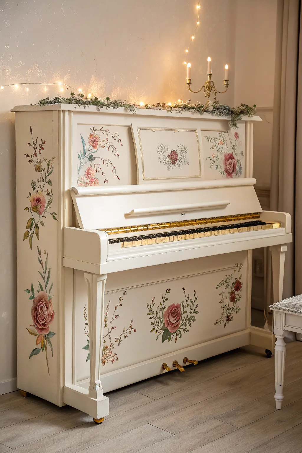 Transform your piano with vintage floral decals for a touch of romantic elegance.