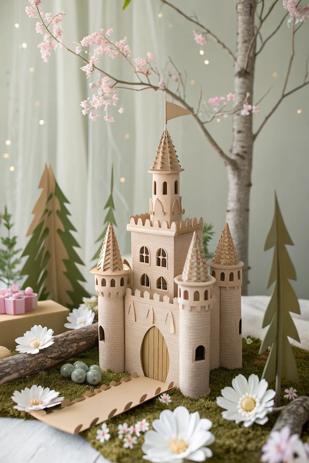 Step into a whimsical world where simplicity meets creativity in this enchanting cardboard castle garden.
