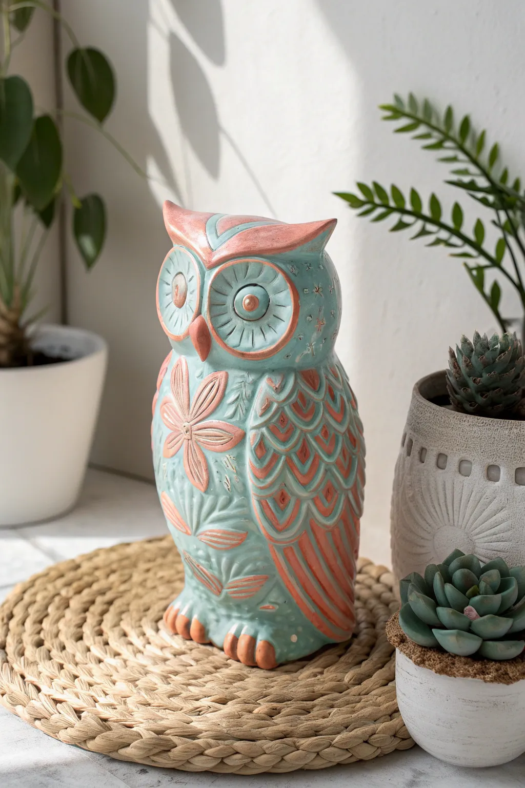 Discover the harmony of complementary colors with this teal and coral ceramic owl, a perfect touch for your spring decor.