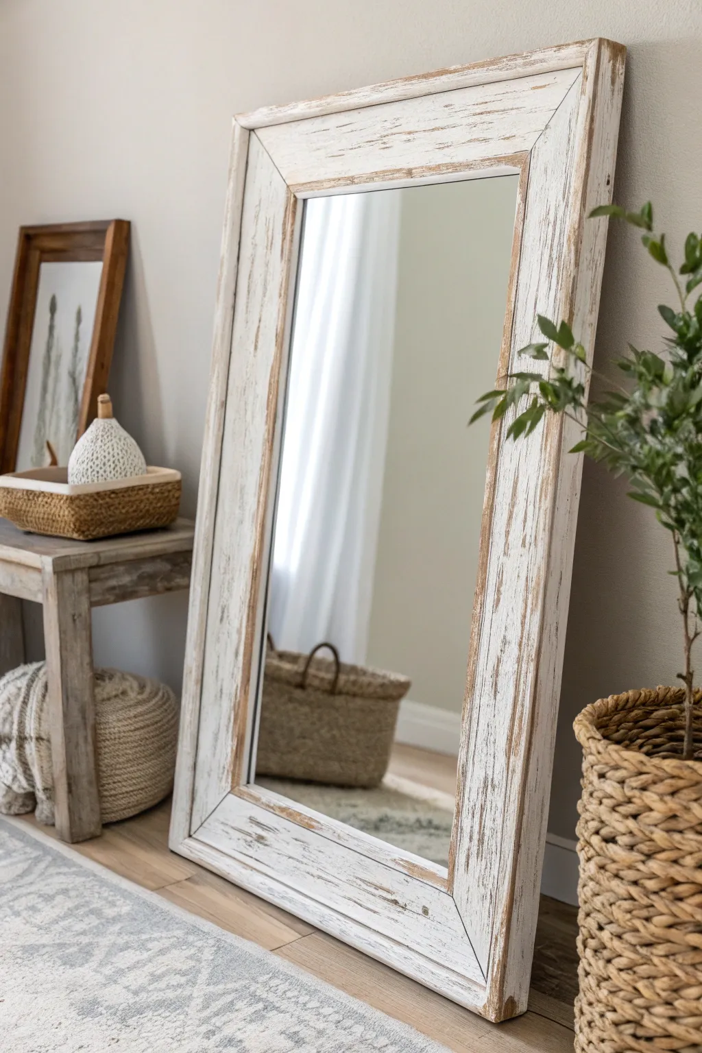 Embrace the cozy charm of a farmhouse finish with a beautifully distressed chalk-painted mirror frame.