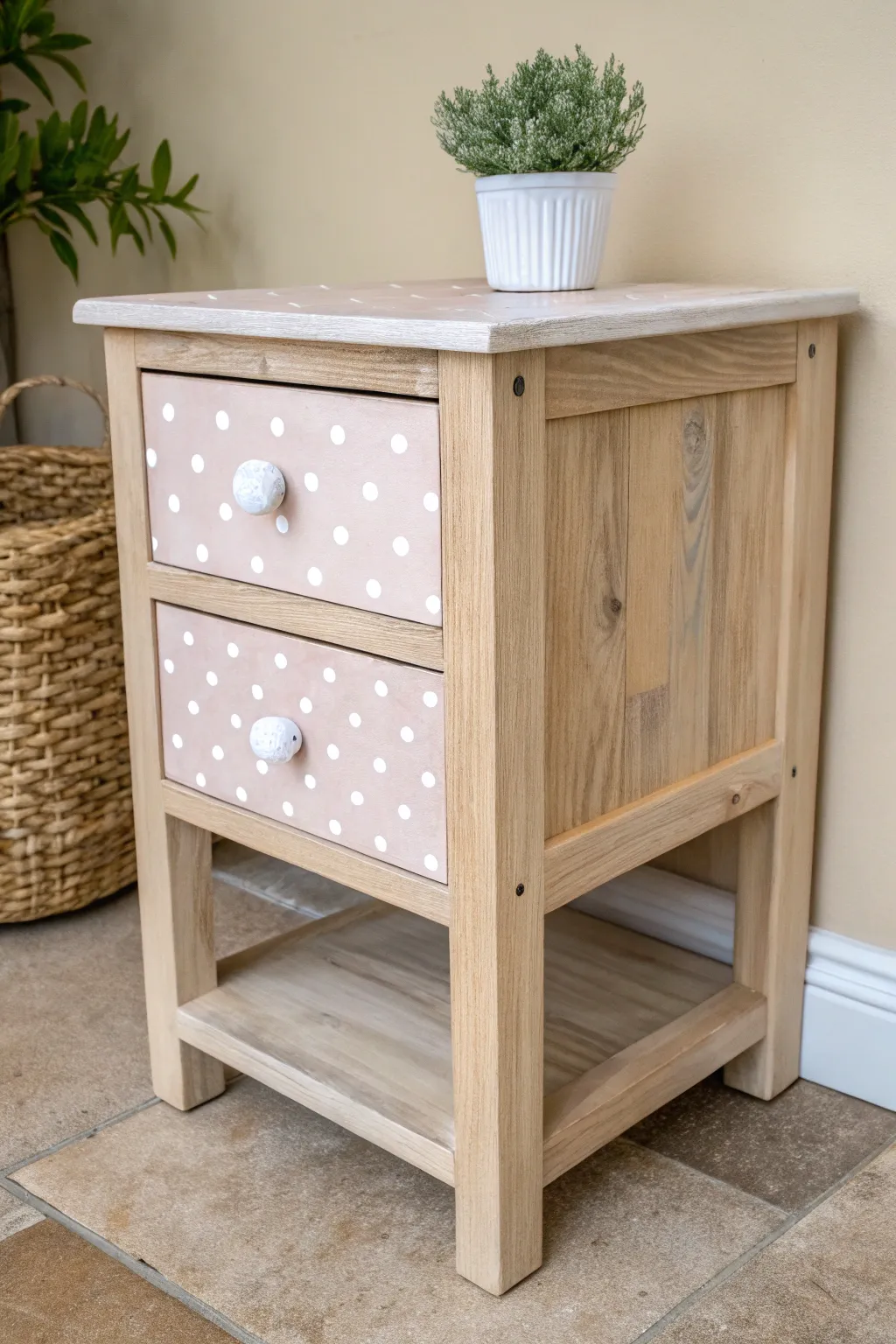 Add a playful touch to your decor with charming polka dots on a minimalist nightstand.