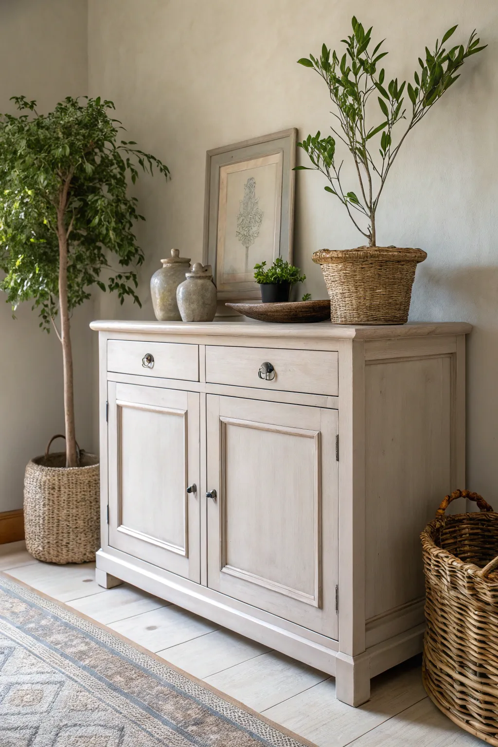 Transform your space with the understated elegance of a chalk-painted buffet in soothing neutrals.