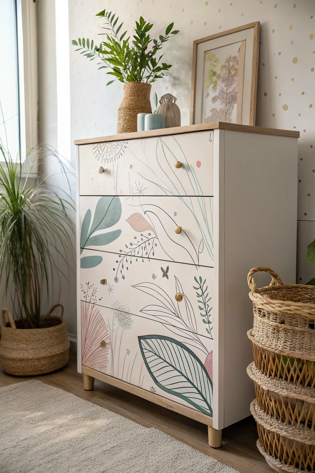 Transform your space with an artistic touch: this abstract mural on a minimalist dresser is an ode to creativity and elegance.