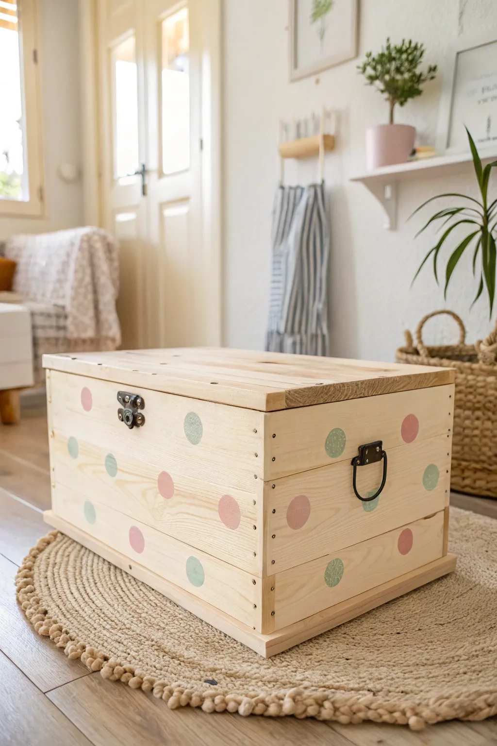 Add a splash of whimsy and joy to your space with playful polka dot designs on a handcrafted chest.