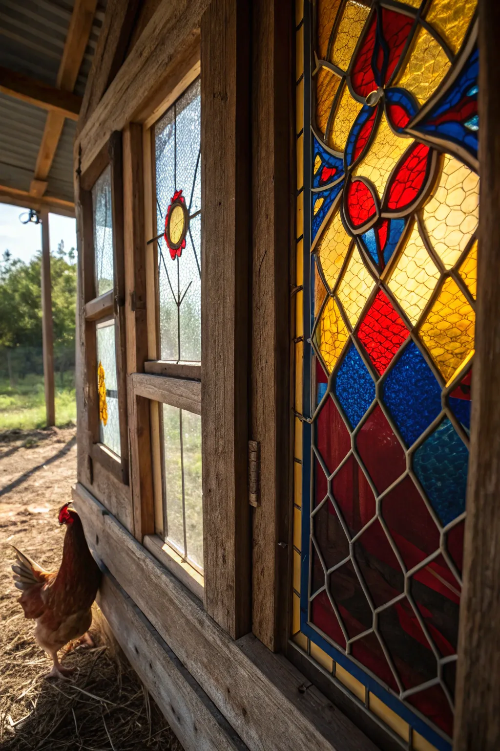 Transform your coop into a masterpiece with vintage stained glass—where rustic charm meets colorful elegance.
