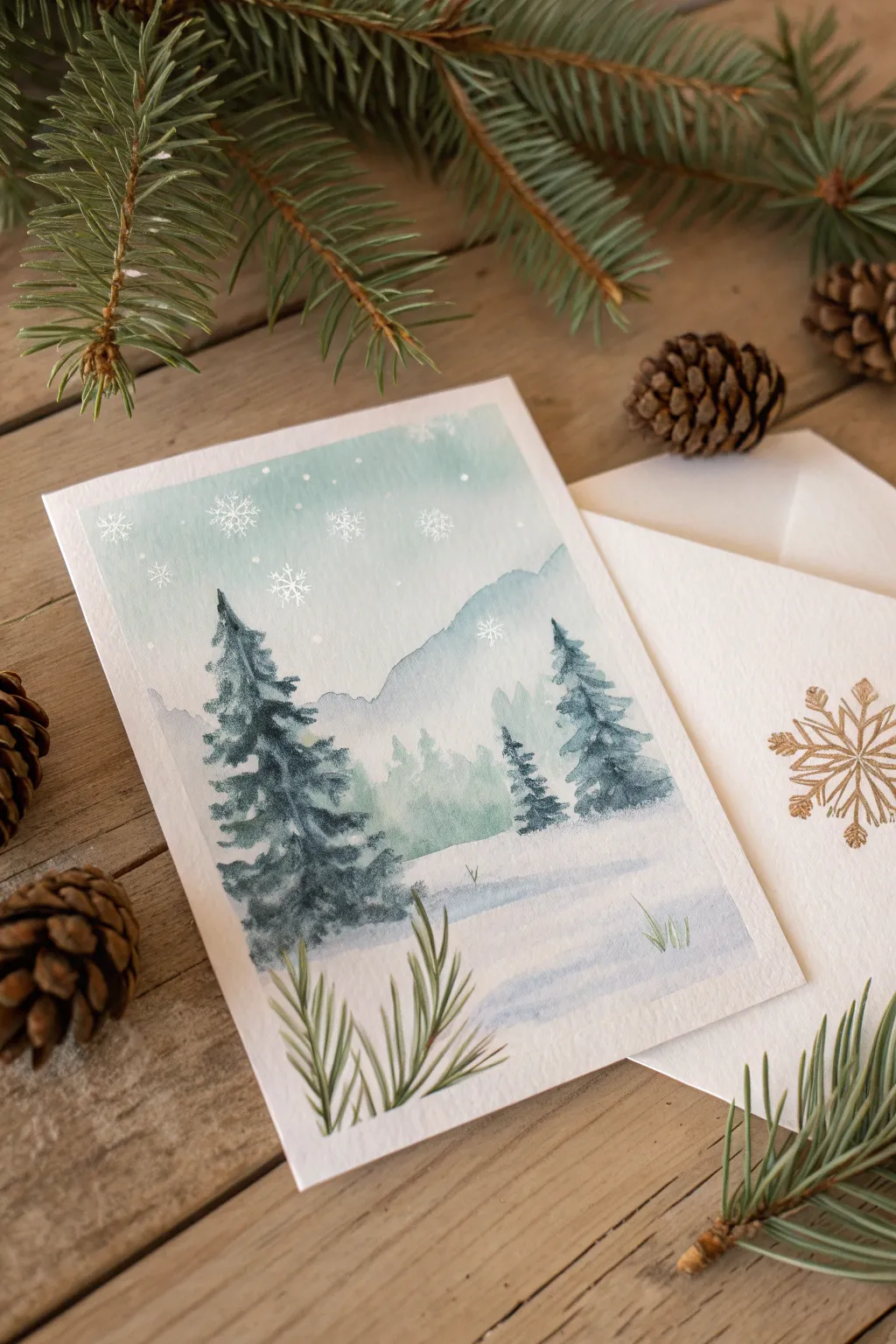 Capture the serene beauty of winter with handcrafted watercolor Christmas cards.