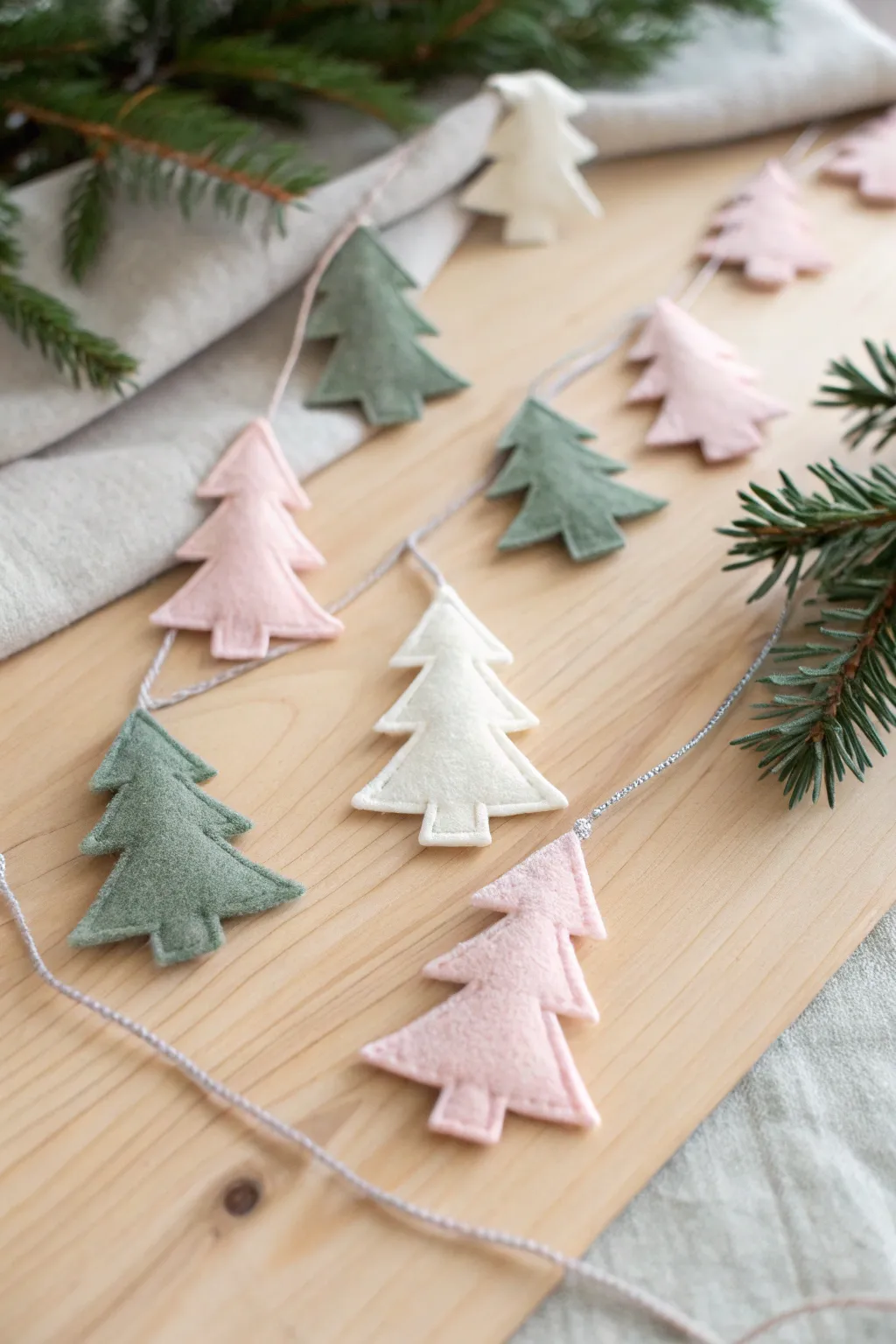 Add a whimsical touch to your holiday decor with this charming felt Christmas tree garland, perfect for a cozy, minimalist vibe.