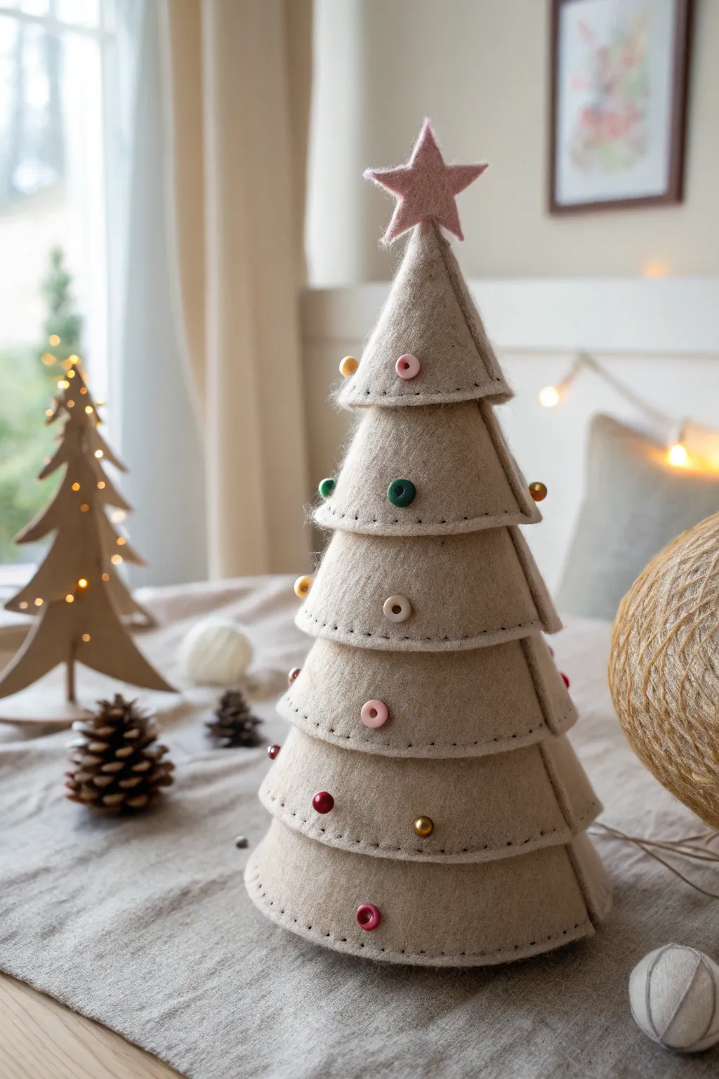 Elevate your holiday decor with this charming felt Christmas tree, a perfect blend of Scandinavian simplicity and Boho elegance.